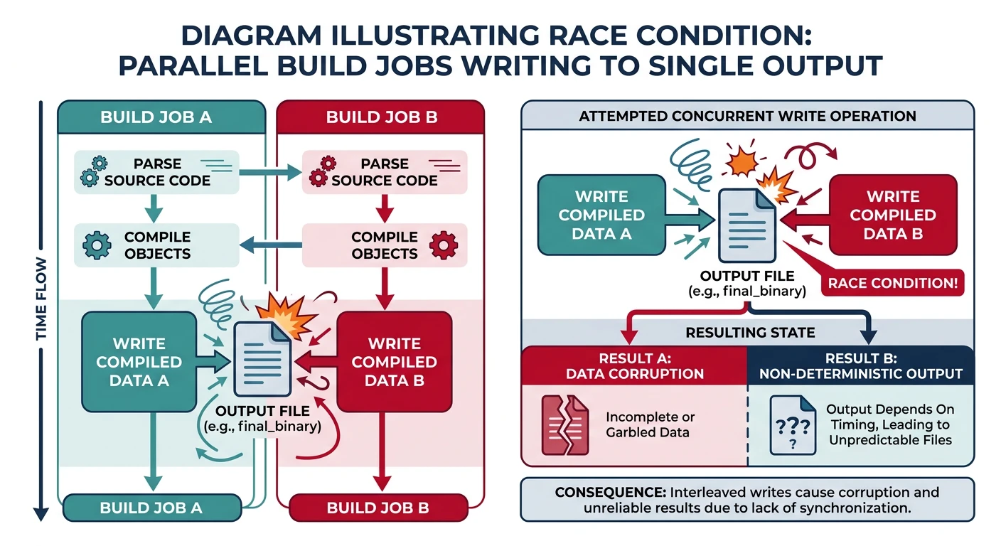 Diagram illustrating a race condition where two parallel build jobs write to the same output file simultaneously
