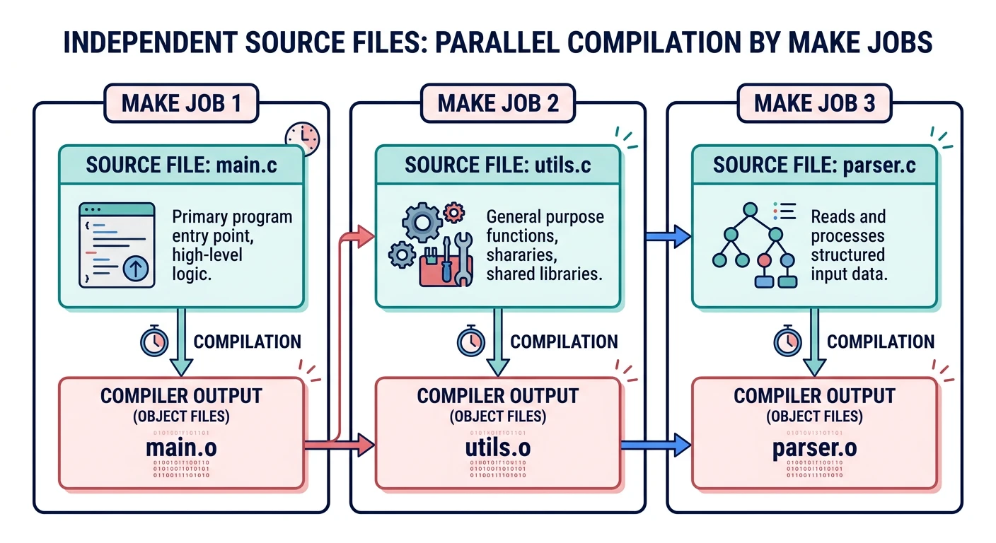 Diagram showing three independent source files main.c, utils.c, and parser.c compiled in parallel by separate make jobs