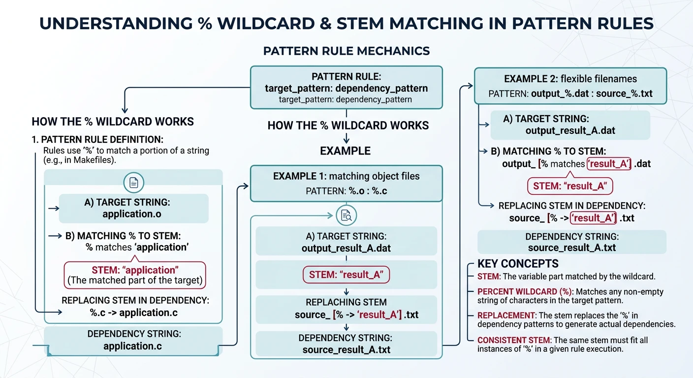 Diagram showing how the percent wildcard matches stems in pattern rules