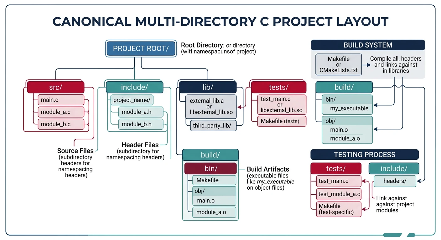Diagram showing a canonical multi-directory C project layout with src, include, lib, build, and tests directories