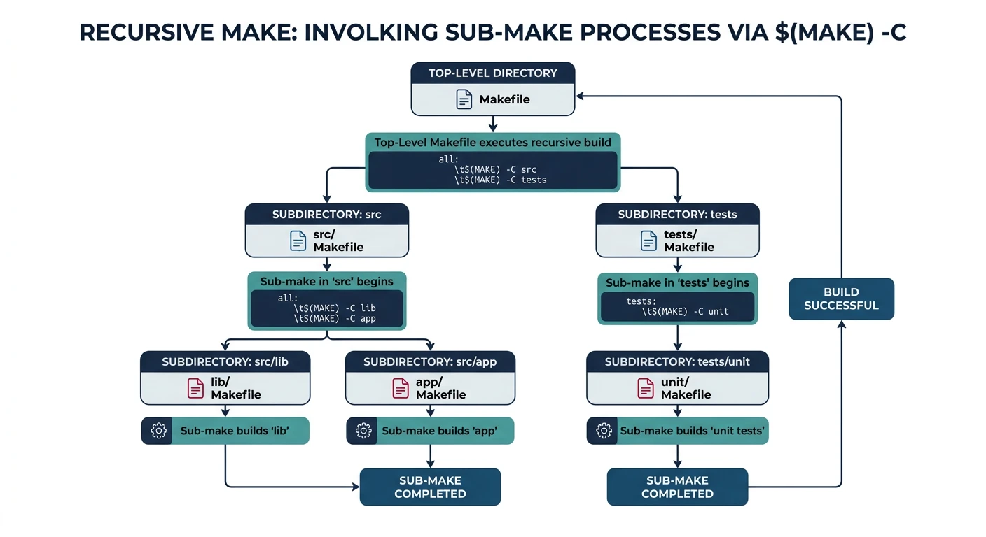Flowchart showing recursive make invoking sub-make processes in each subdirectory via $(MAKE) -C