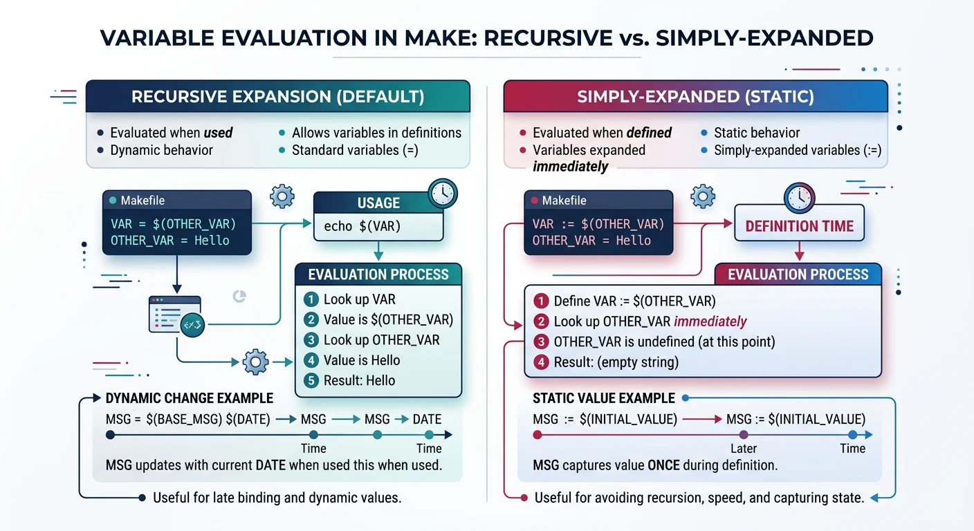 Diagram comparing recursive and simply-expanded variable evaluation in Make
