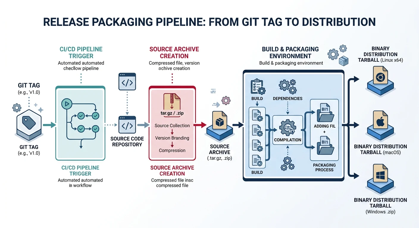 Diagram showing the release packaging pipeline from git tag through source archive creation to binary distribution tarball