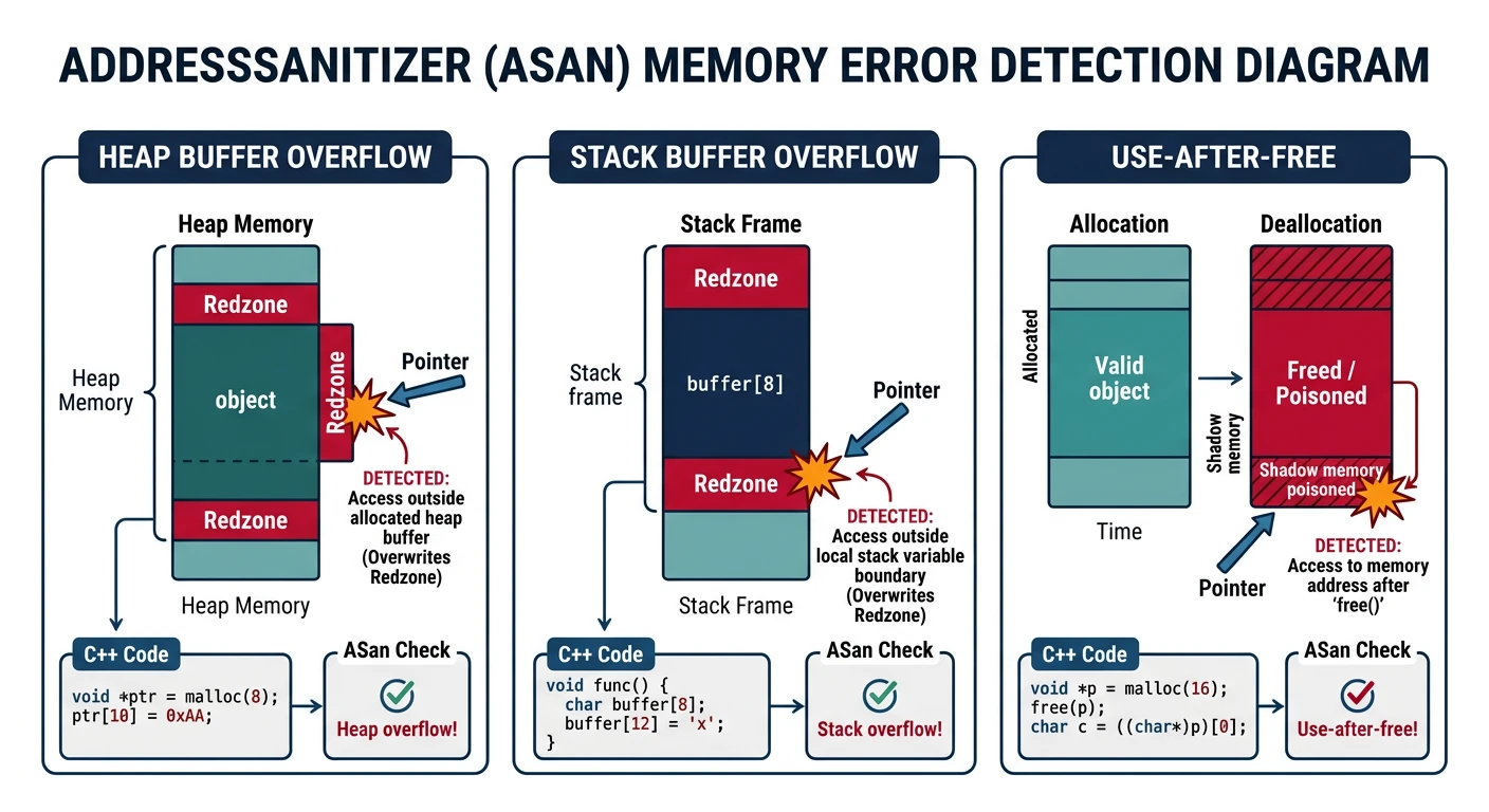 Diagram showing AddressSanitizer detecting heap buffer overflow, stack buffer overflow, and use-after-free memory errors
