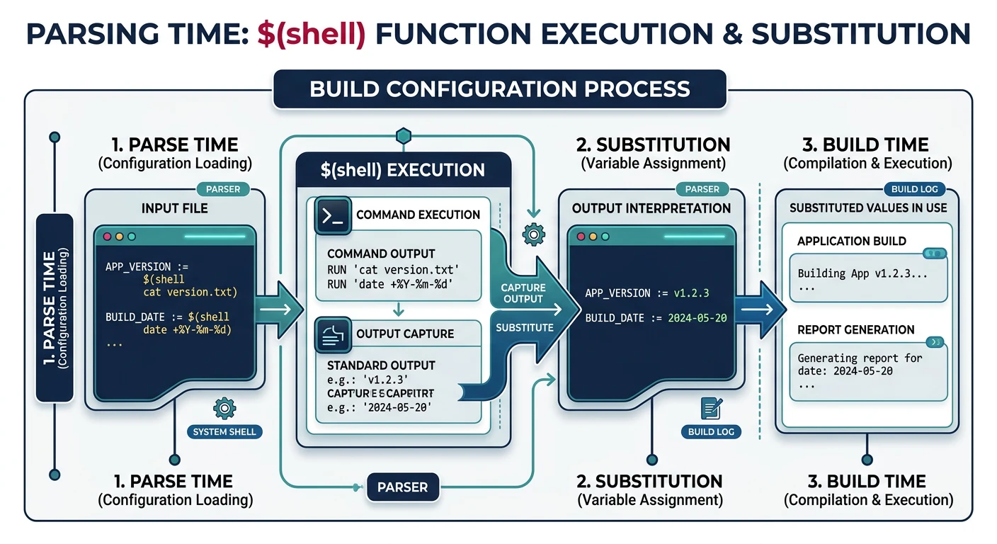 Diagram showing $(shell) function executing at parse time and substituting its output