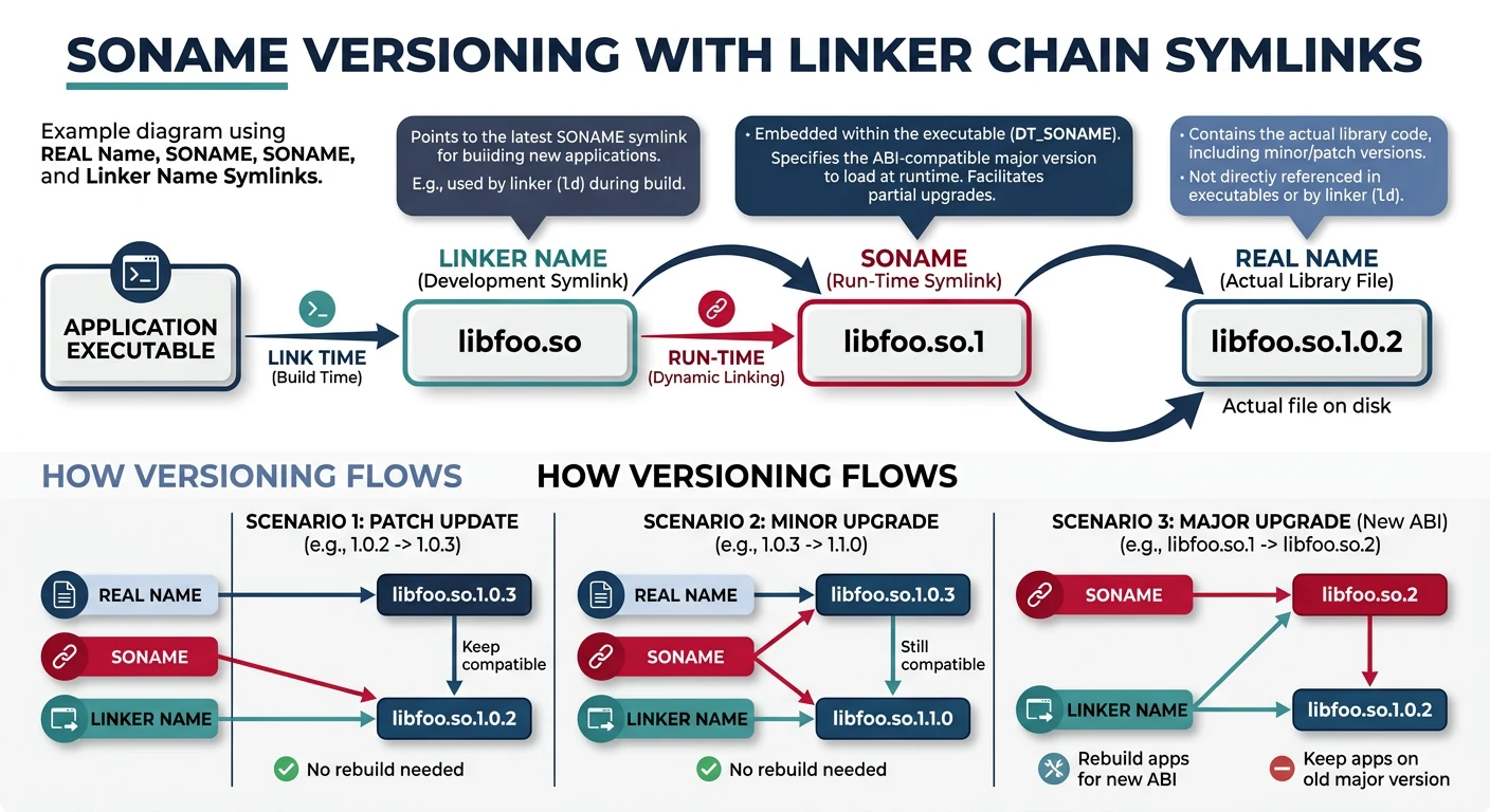 Diagram showing SONAME versioning with real name, SONAME, and linker name symlink chain