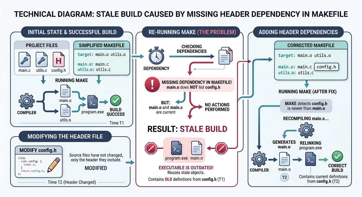 Diagram showing a stale build caused by a missing header dependency in a Makefile