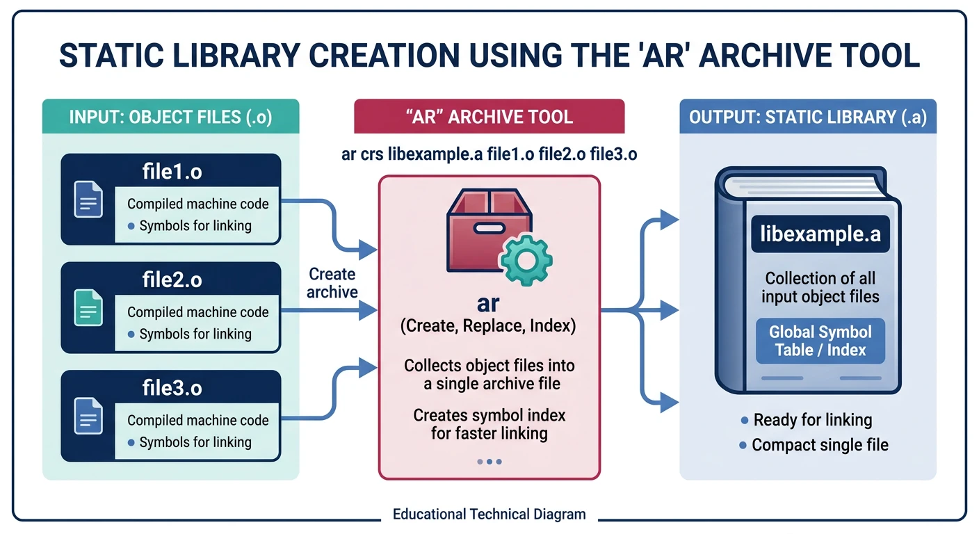 Diagram showing static library creation from object files using the ar archive tool