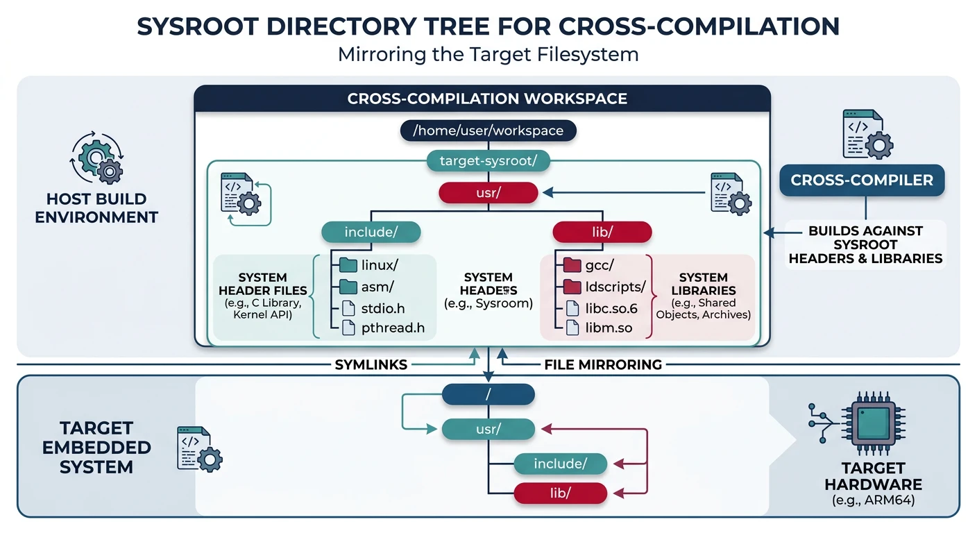 Diagram showing a sysroot directory tree with usr/include and usr/lib mirroring the target filesystem for cross-compilation