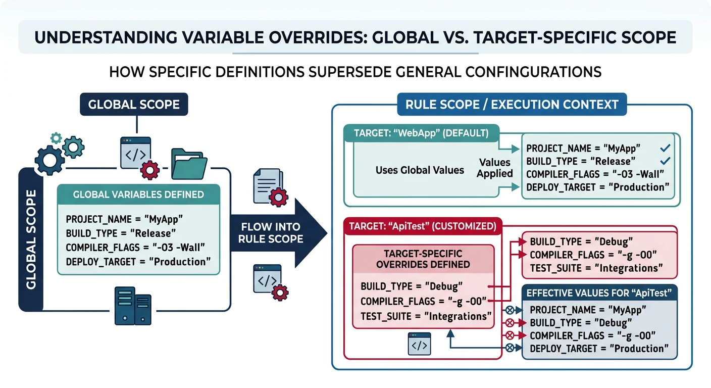 Diagram showing how target-specific variables override global values within a rule scope