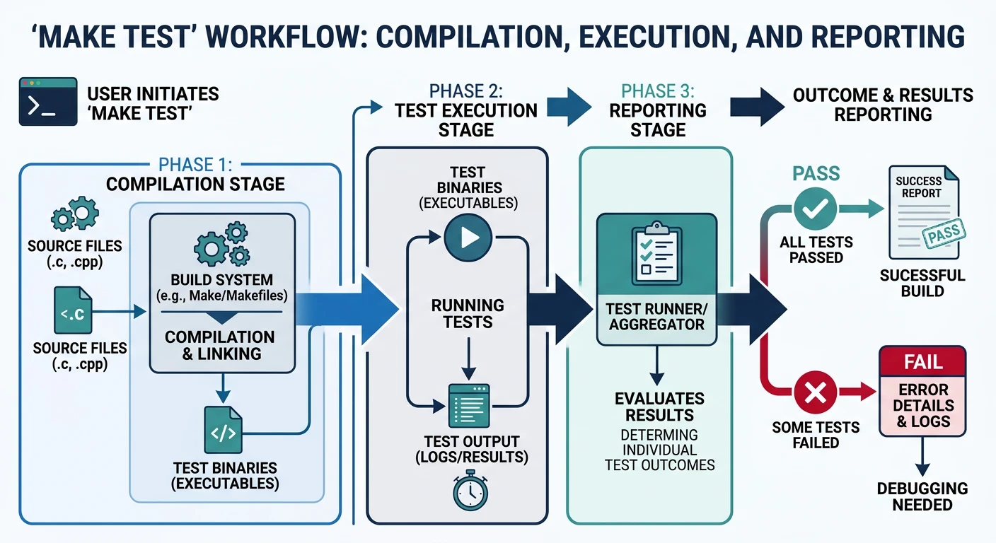 Diagram showing the make test workflow compiling test binaries, running them, and reporting pass/fail results