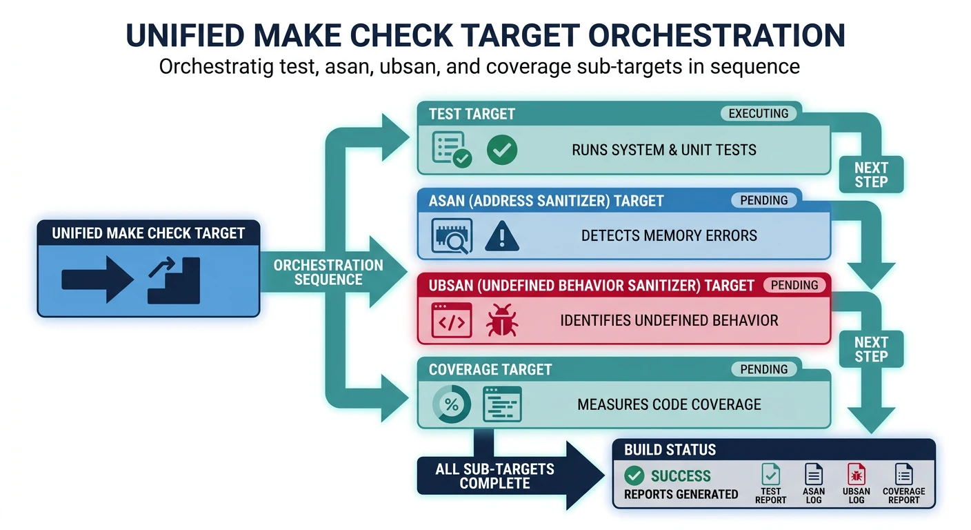 Diagram showing the unified make check target orchestrating test, asan, ubsan, and coverage sub-targets in sequence