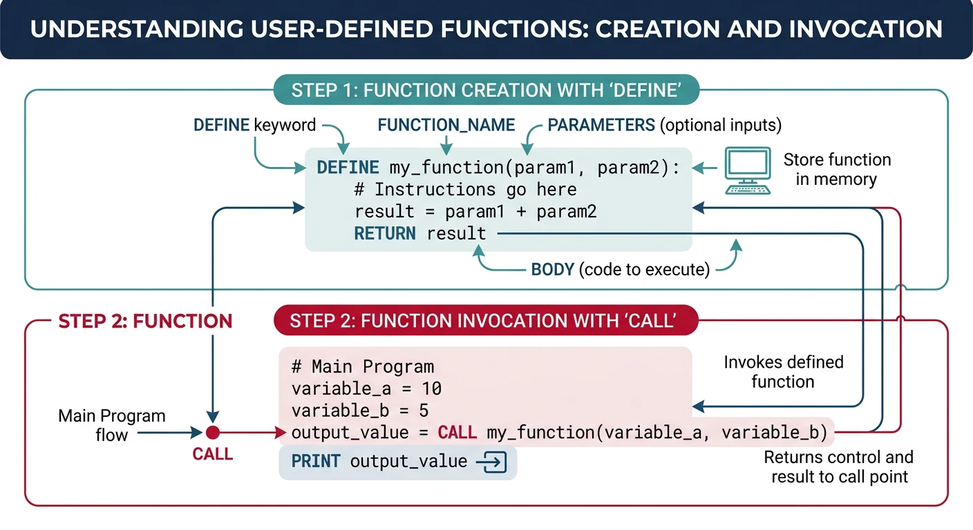 Diagram showing how user-defined functions are created with define and invoked with call