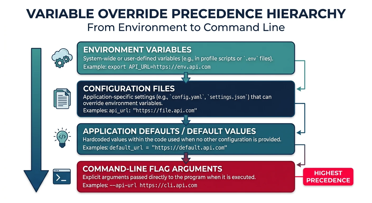 Hierarchy diagram showing variable override precedence from environment to command line