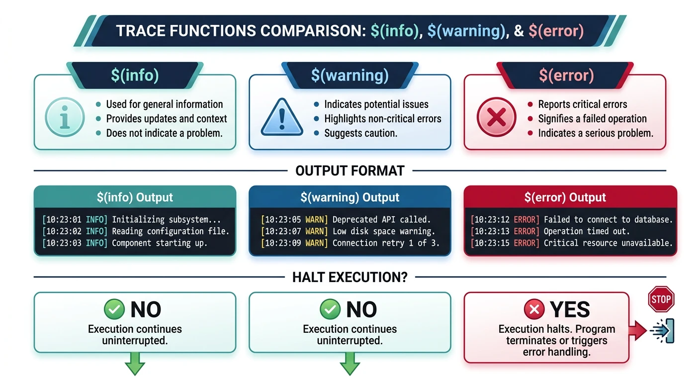 Diagram comparing $(info), $(warning), and $(error) trace functions showing their output format and whether they halt execution