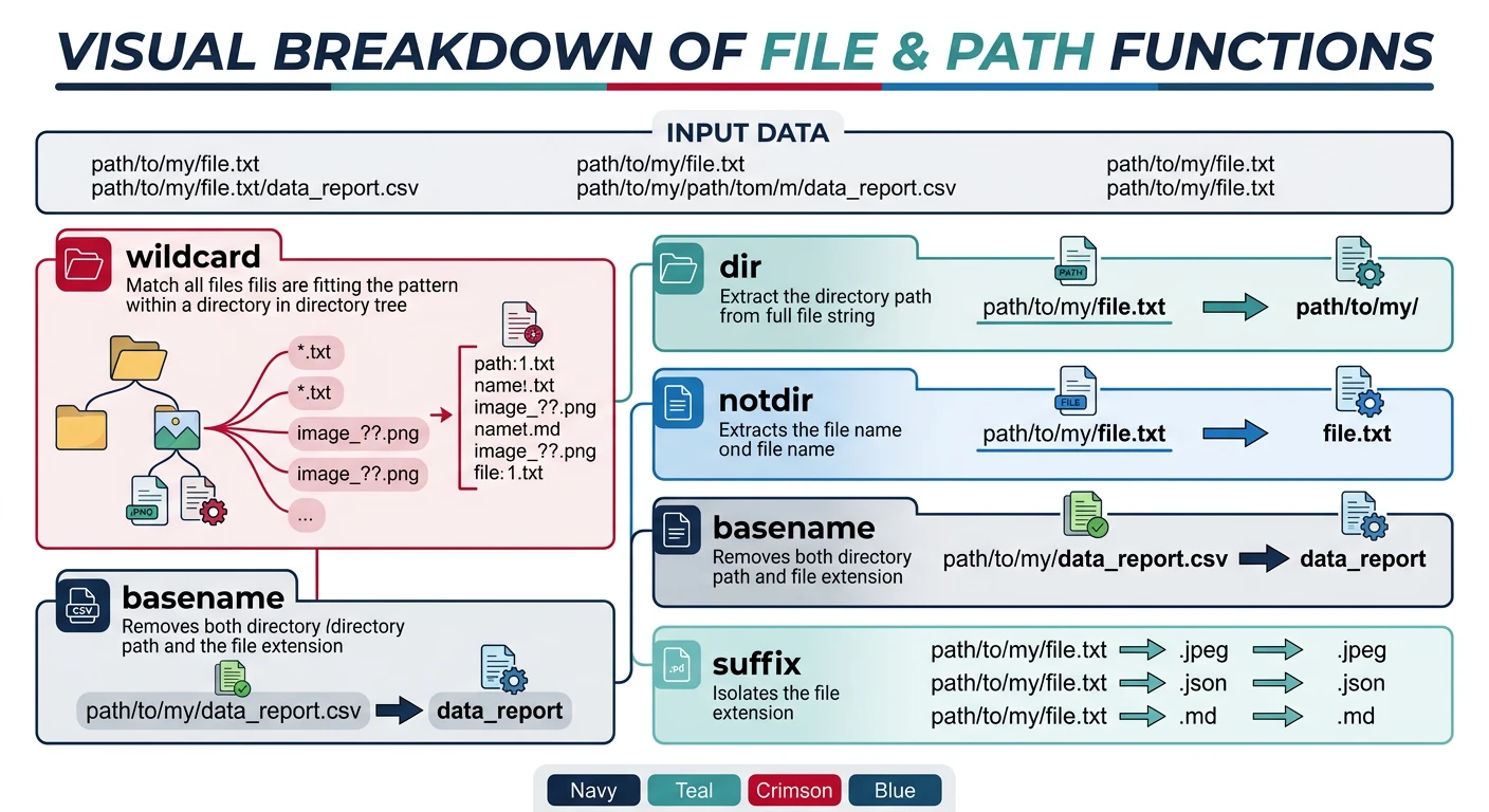 Visual breakdown of file and path functions: wildcard, dir, notdir, basename, and suffix