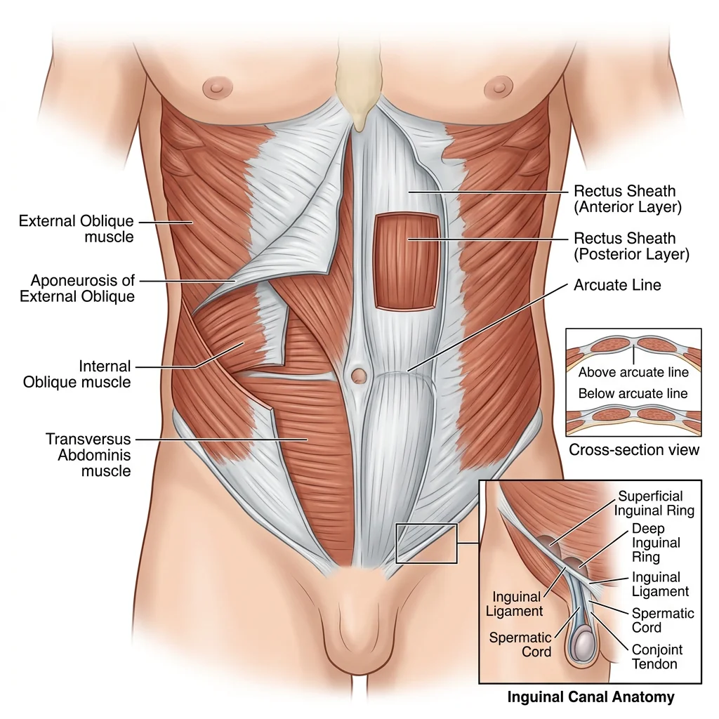 Anterior abdominal wall layers showing external oblique, internal oblique, transversus abdominis, and rectus sheath with inguinal canal anatomy