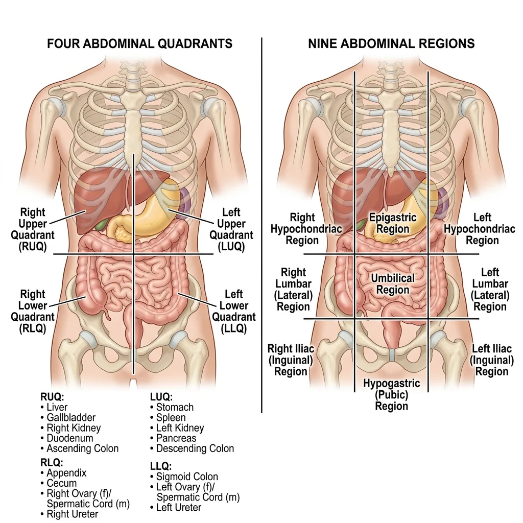 Diagram of the abdomen divided into four quadrants and nine regions with key organ locations labeled