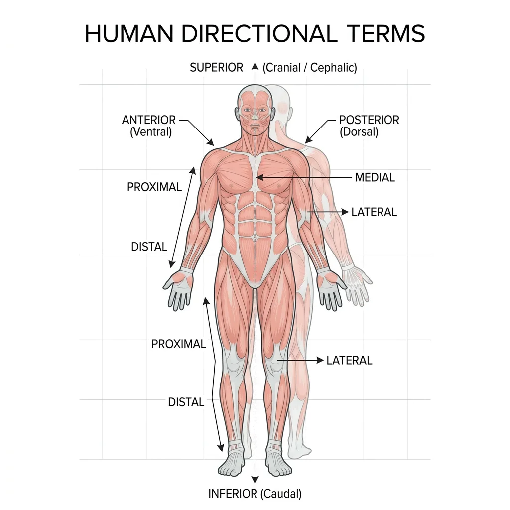 Diagram showing a human figure in standard anatomical position with directional terms labeled including superior, inferior, anterior, posterior, medial, and lateral