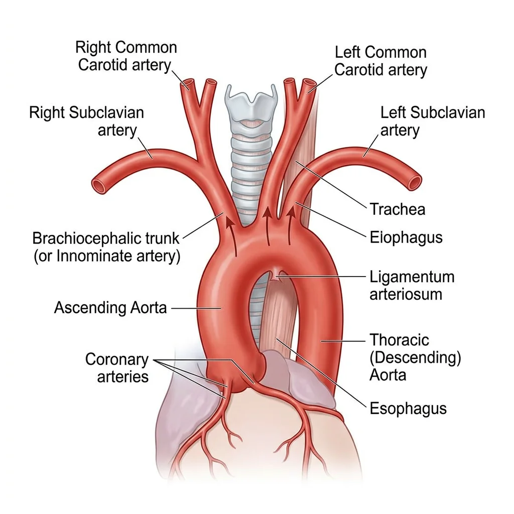 Diagram of the aortic arch and its three major branches — brachiocephalic trunk, left common carotid, and left subclavian arteries