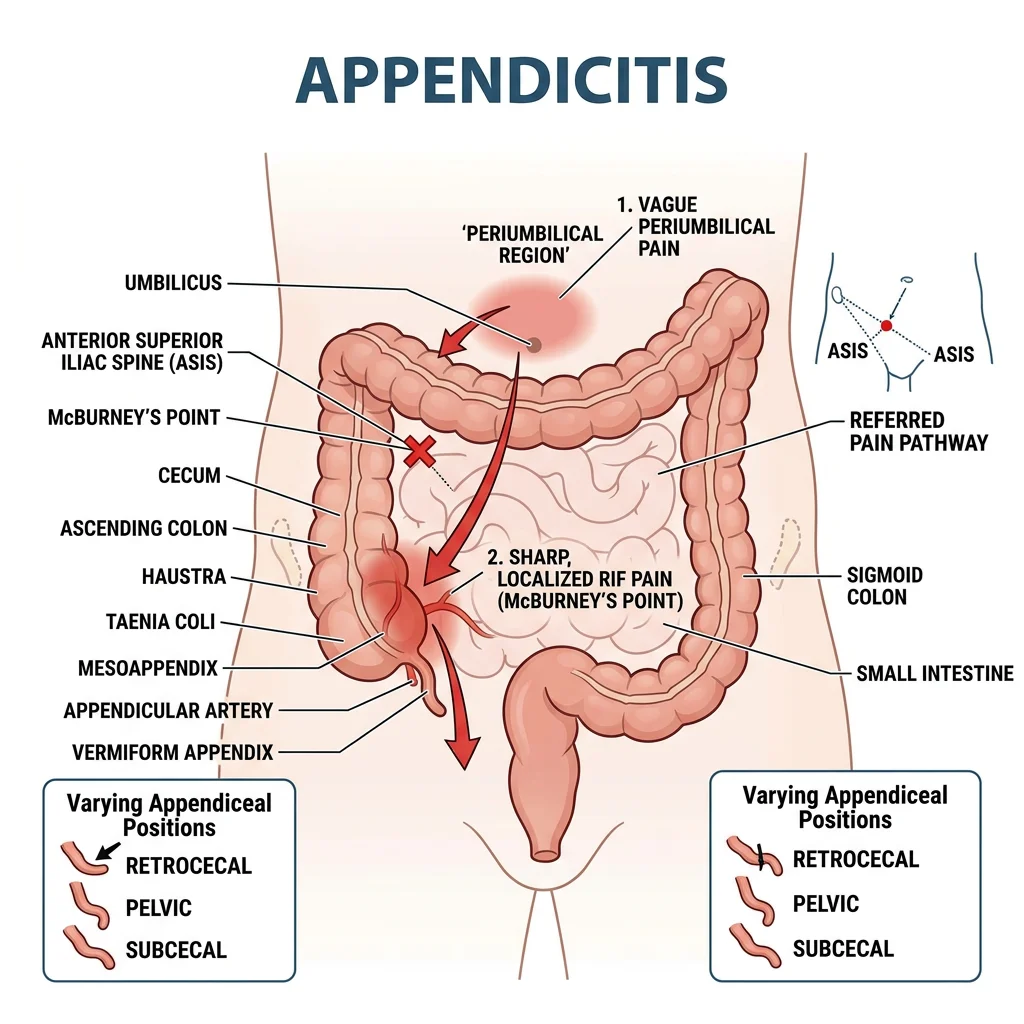 Anterior view of the abdomen showing McBurney's point, common appendix tip positions (retrocecal, pelvic, subcecal), and the referred pain pathway from periumbilical to right iliac fossa
