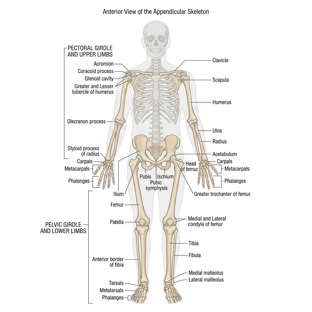 Anterior view of the appendicular skeleton highlighting the pectoral girdle, upper limbs, pelvic girdle, and lower limbs