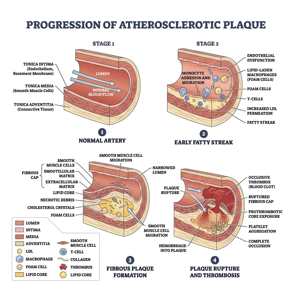 Cross-sectional illustration showing progressive stages of atherosclerotic plaque formation from healthy artery to plaque rupture and thrombosis