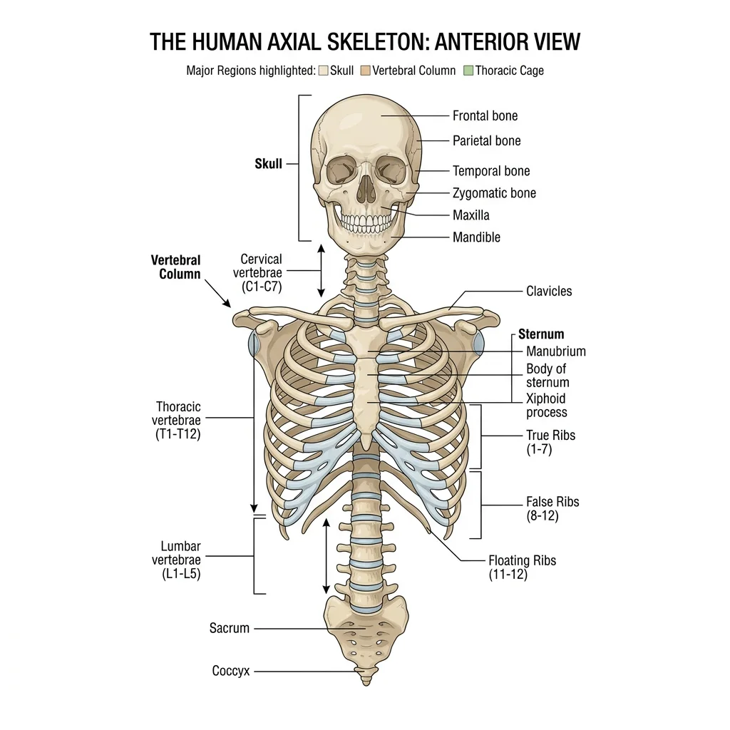 Anterior view of the axial skeleton highlighting the skull, vertebral column, and thoracic cage