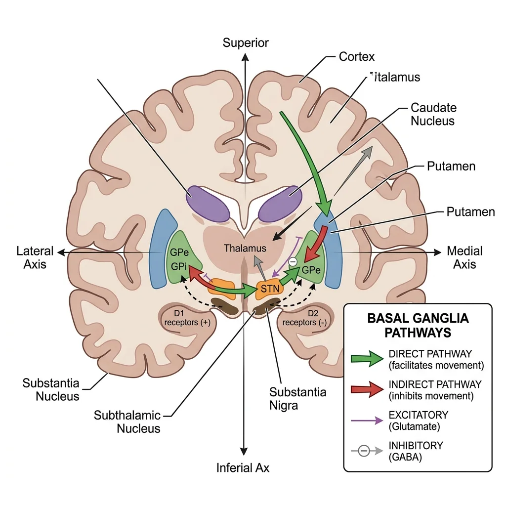 Coronal section of the brain showing the basal ganglia structures — caudate nucleus, putamen, globus pallidus, subthalamic nucleus, and substantia nigra — with direct and indirect pathway arrows