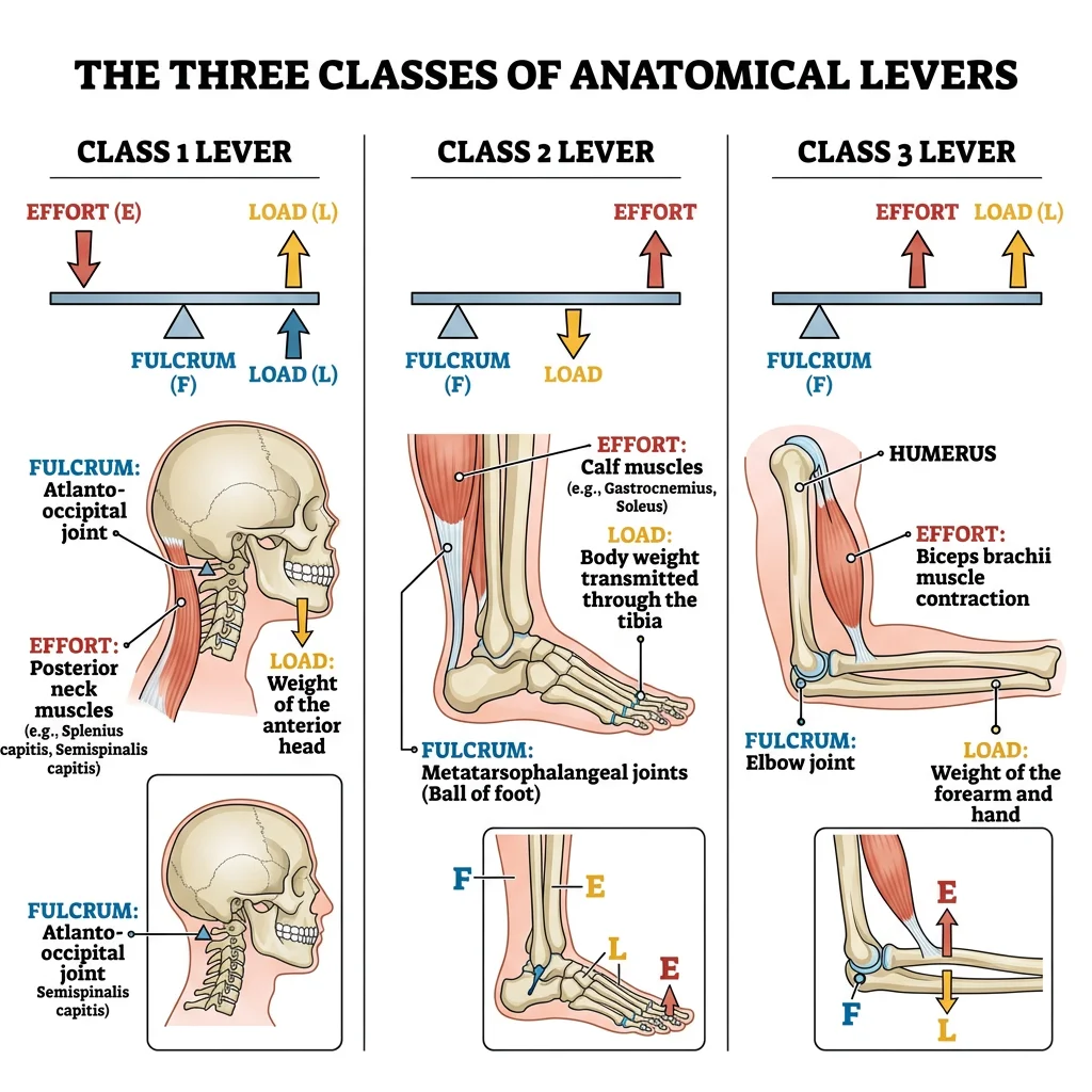 Diagram of the three classes of anatomical levers showing fulcrum, effort, and load positions with skeletal examples