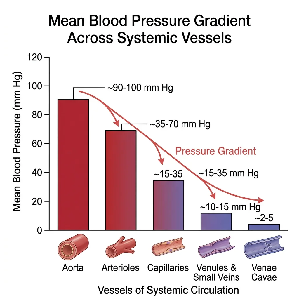 Bar chart showing the progressive drop in mean blood pressure from the aorta through arterioles, capillaries, venules, and veins to the vena cava