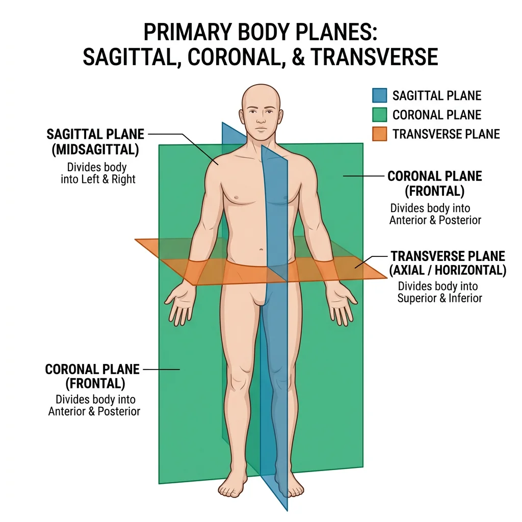 Diagram showing the three primary body planes — sagittal, coronal, and transverse — intersecting a human figure