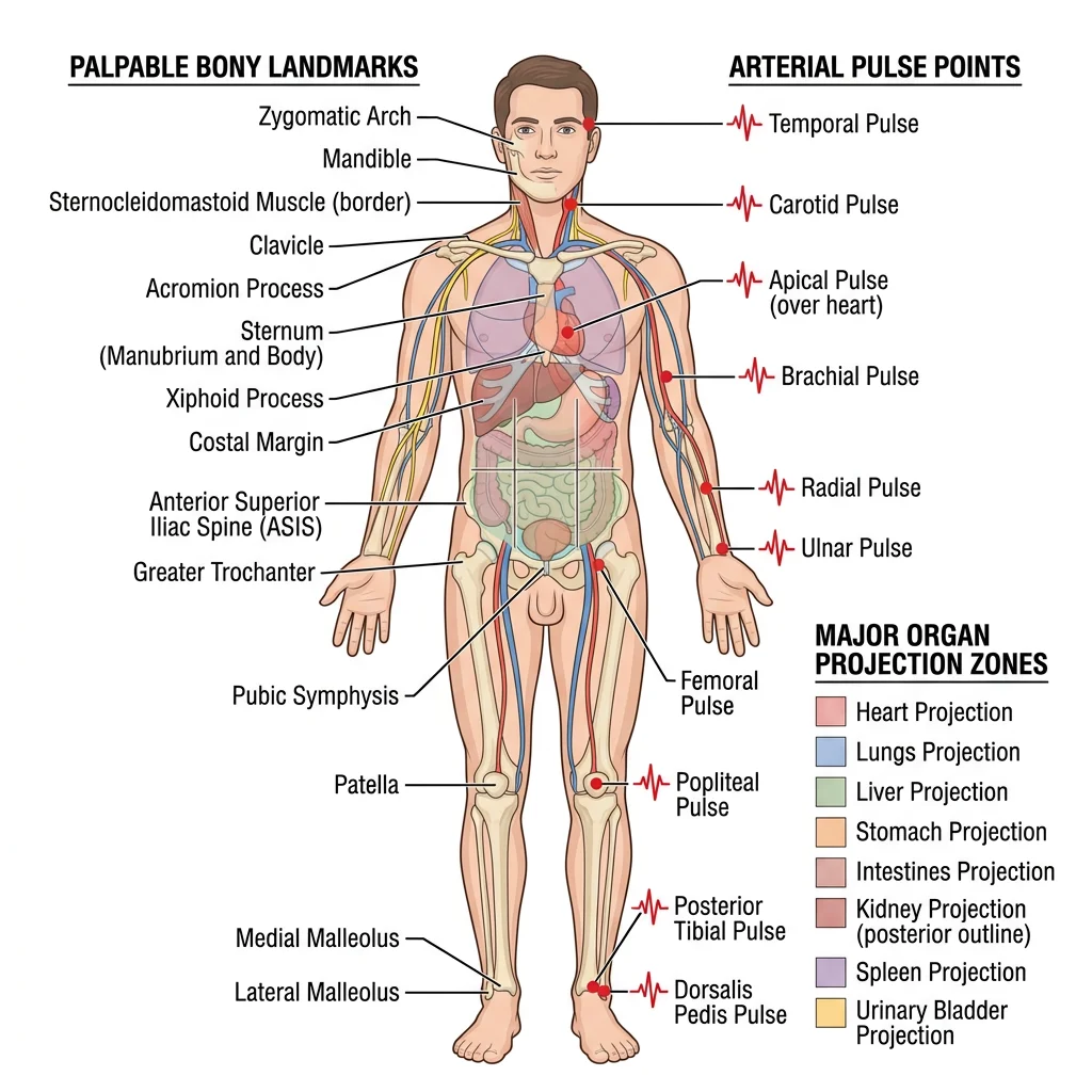 Annotated diagram of the human body showing major palpable bony landmarks, arterial pulse points, and organ projection zones