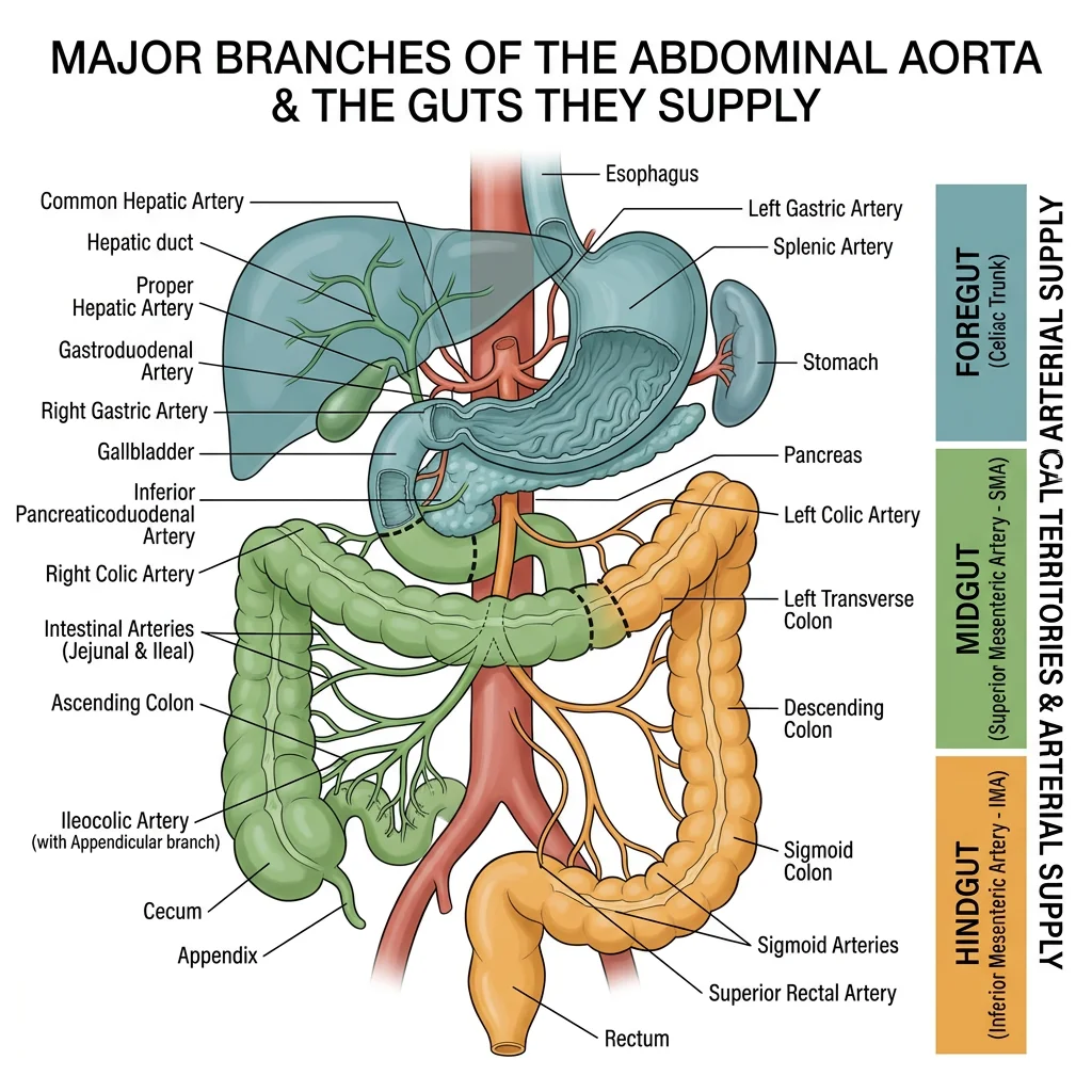 Diagram of the celiac trunk, superior mesenteric artery, and inferior mesenteric artery with their branches and the foregut, midgut, and hindgut territories they supply