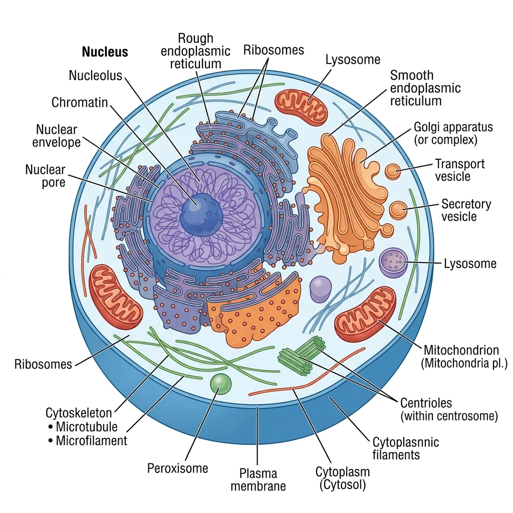 Detailed diagram of a eukaryotic cell showing organelles including nucleus, rough and smooth ER, Golgi apparatus, mitochondria, and lysosomes
