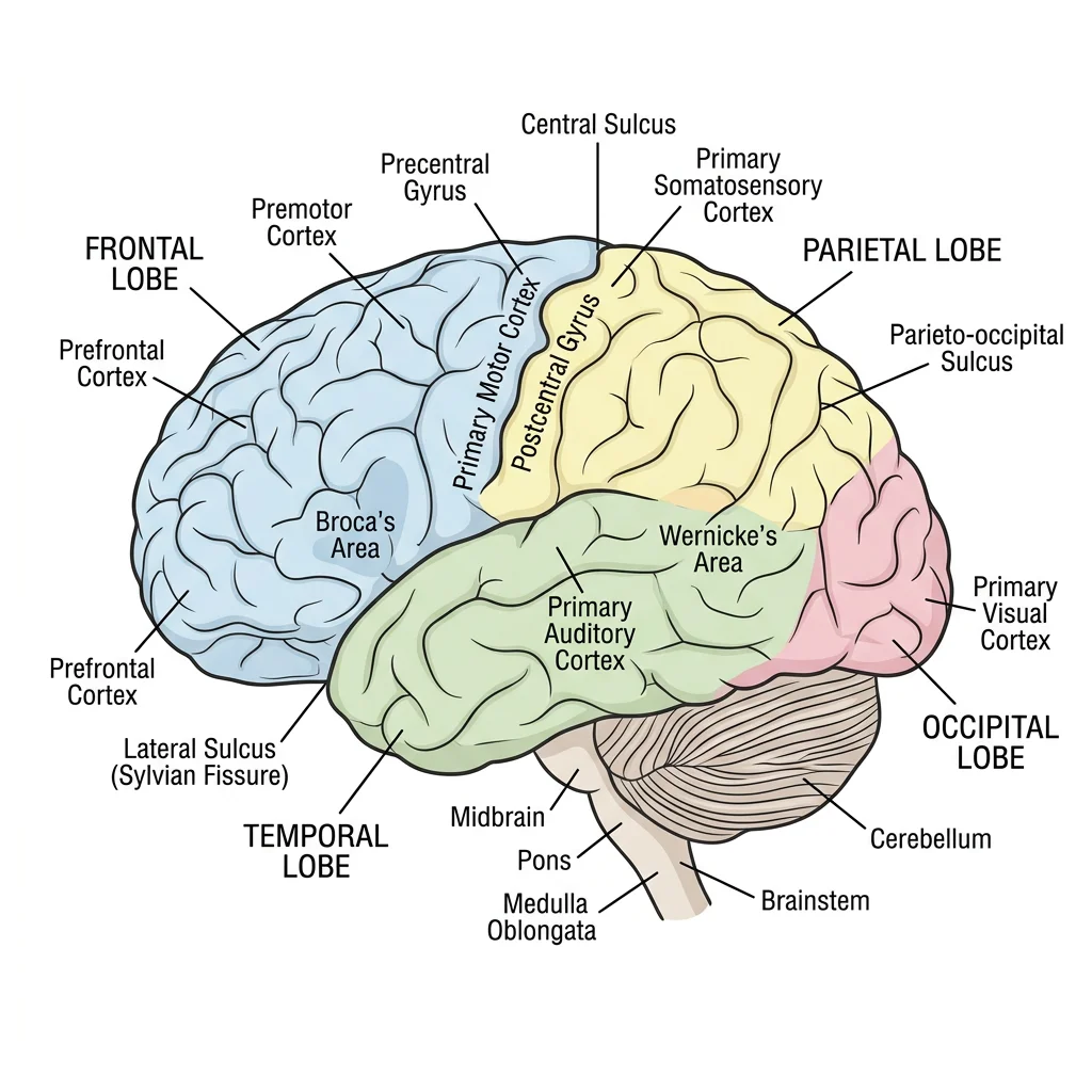 Lateral view of the human brain showing the four cerebral lobes (frontal, parietal, temporal, occipital) with key functional areas labelled including motor cortex, somatosensory cortex, Broca's area, and Wernicke's area