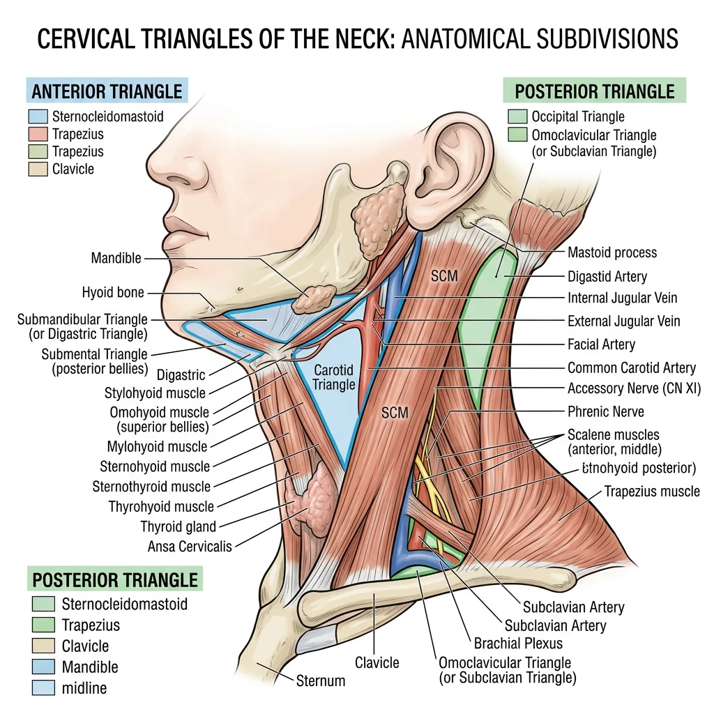 Clinical diagram showing cervical triangles of the neck with labeled anterior and posterior triangle subdivisions and key anatomical landmarks