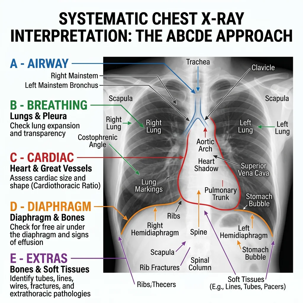 Annotated chest X-ray showing systematic ABCDE interpretation approach with labeled airway, breathing, cardiac, diaphragm, and extras