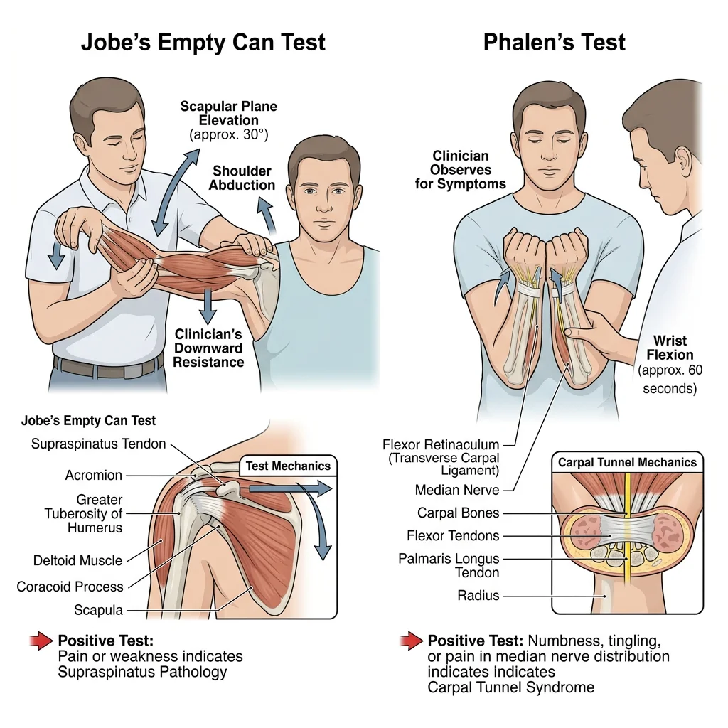 Clinician performing upper limb physical examination tests including Jobe's empty can test and Phalen's test for carpal tunnel