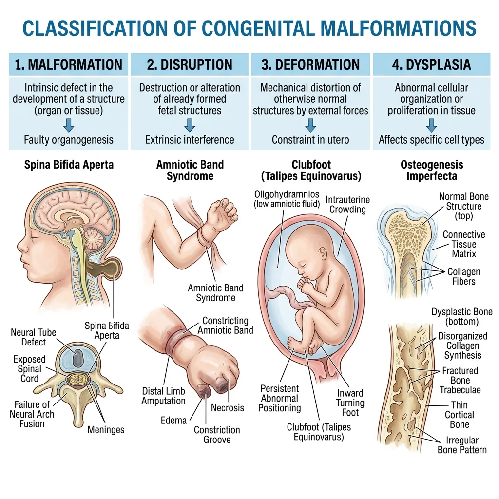 Classification diagram of congenital malformations showing malformation, disruption, deformation, and dysplasia with examples