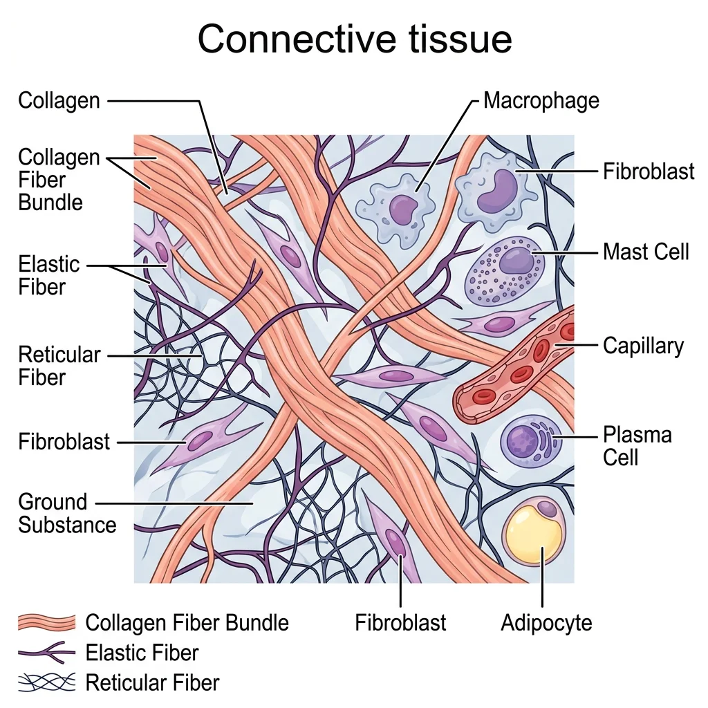 Diagram showing connective tissue components including collagen fibers, elastic fibers, reticular fibers, fibroblasts, and ground substance