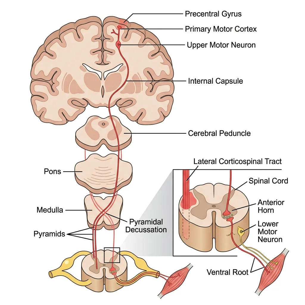 Diagram of the corticospinal (pyramidal) tract showing the motor pathway from primary motor cortex through internal capsule, cerebral peduncle, pyramidal decussation in medulla, lateral corticospinal tract, to lower motor neuron in anterior horn