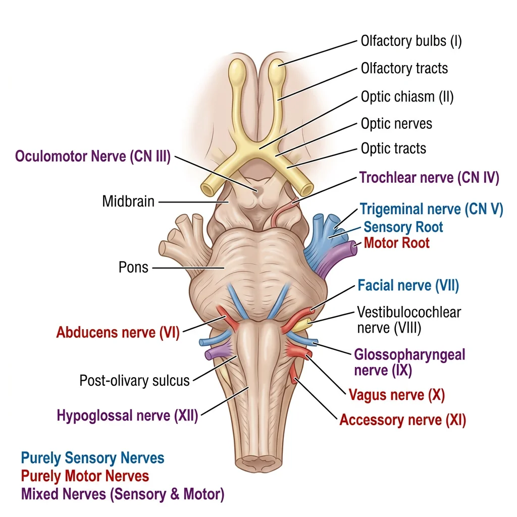 Inferior view of the brainstem showing the origin points of all twelve cranial nerves (CN I–XII) with colour-coded labels indicating sensory, motor, and mixed function