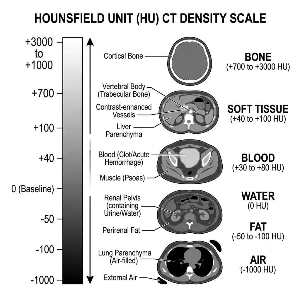 Hounsfield unit density scale showing tissue appearances on CT from air (black) through fat, water, soft tissue, blood, and bone (white)