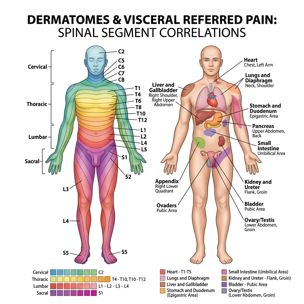 Human body map showing dermatome distribution and visceral referred pain patterns with color-coded spinal segment origins