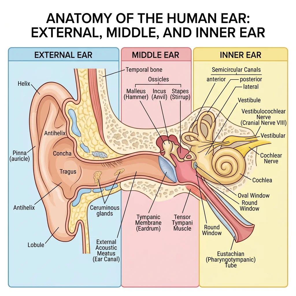 Anatomical diagram of the external, middle, and inner ear showing the pinna, ossicles, cochlea, and semicircular canals