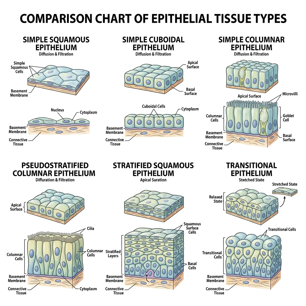Comparison chart of epithelial tissue types showing simple squamous, cuboidal, columnar, pseudostratified, stratified squamous, and transitional epithelium
