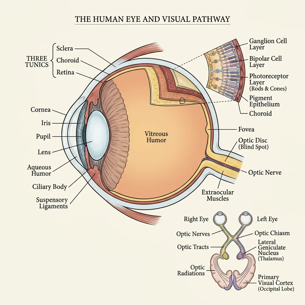 Cross-sectional diagram of the human eye showing the three tunics, lens, retina layers, and the optic nerve pathway to the visual cortex