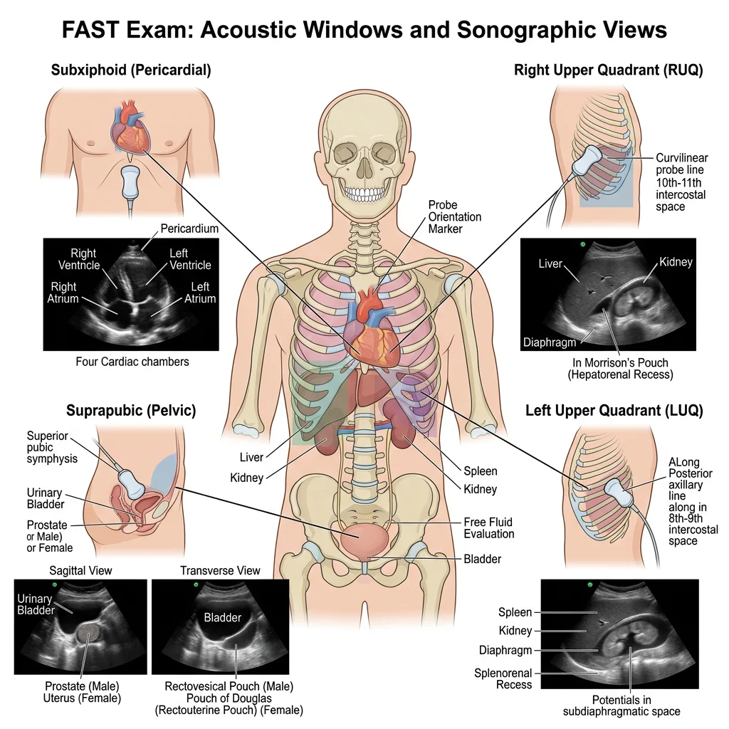 Diagram of the four FAST exam acoustic windows showing probe positions at right upper quadrant, left upper quadrant, suprapubic, and subxiphoid