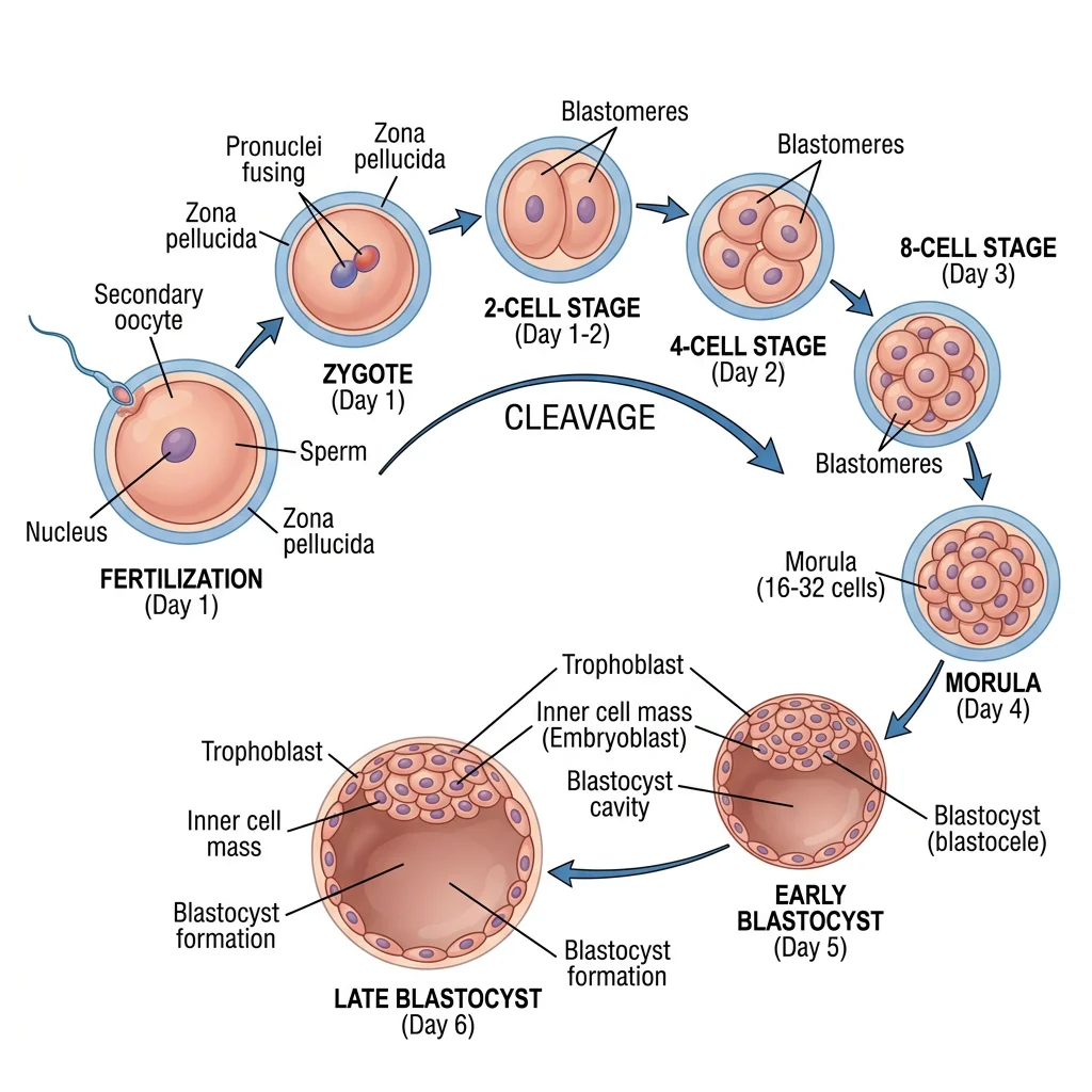 Diagram showing the stages of early human development from fertilization through cleavage, morula, and blastocyst formation